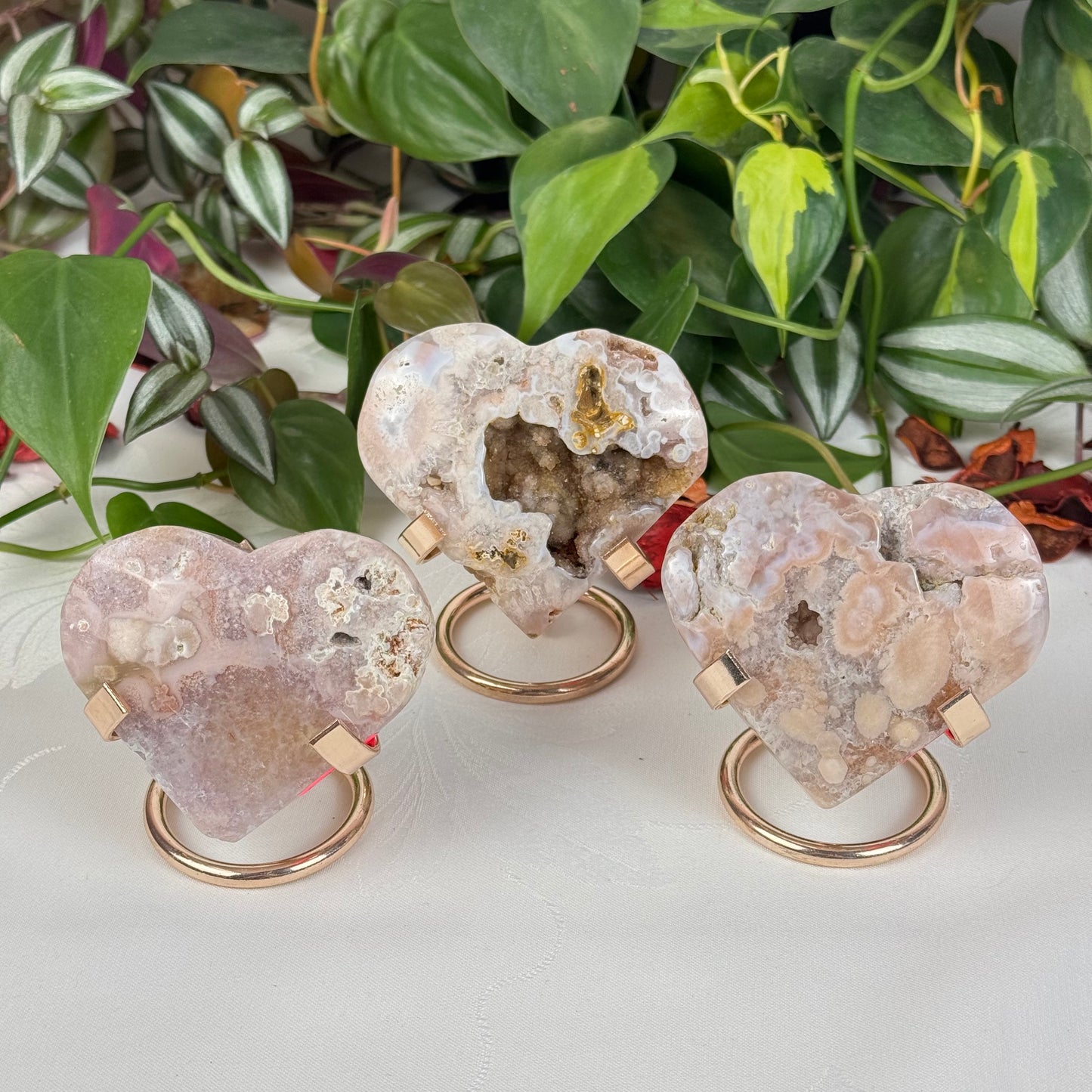 Imperfect Pink Flower Agate Love Heart (W/ Stand)