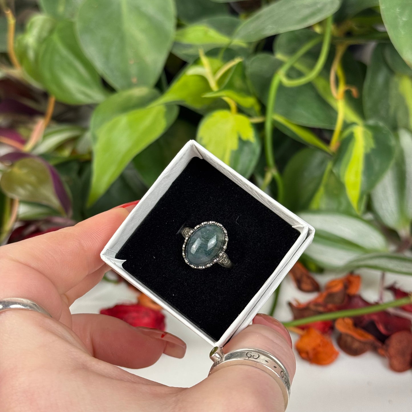 Adjustable Moss Agate Ring