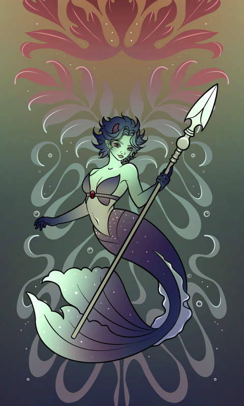 Mermaid-like Capricorn character with a spear on a decorative background