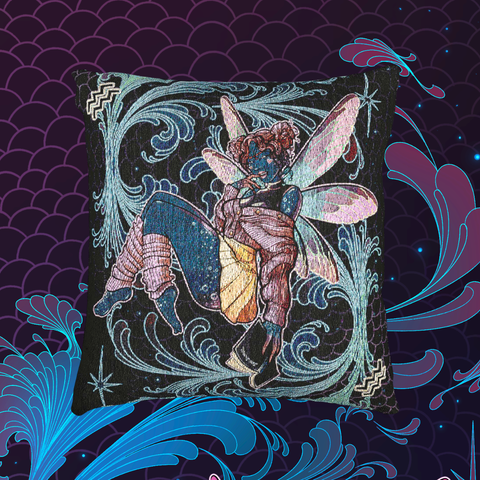 Decorative Aquarius throw pillow with purple, blue and pink fairy design on a dark background