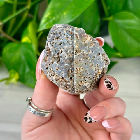 Rough blue-gray agate pair with porous texture, held in a hand with green plant background.