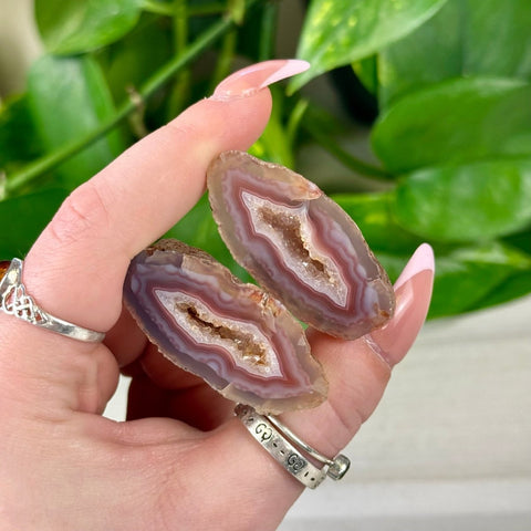 Two polished agate slices with purple, white, and brown bands, showing sparkling druzy centers.