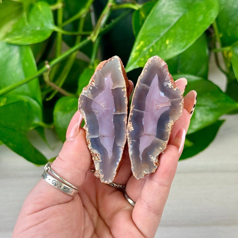 Two polished purple agate slices with natural rough edges, held against green leaves.