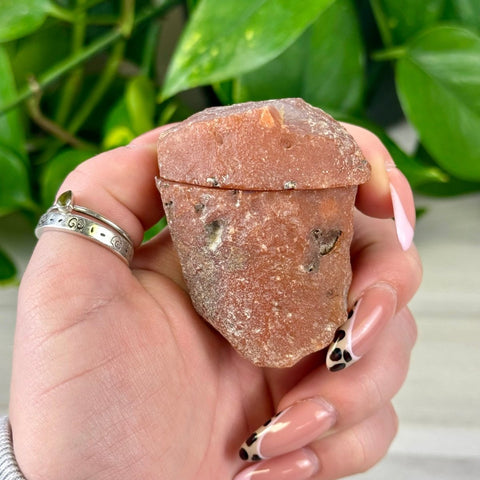 Rough, reddish-orange agate pair held in a hand with long nails, against green foliage.