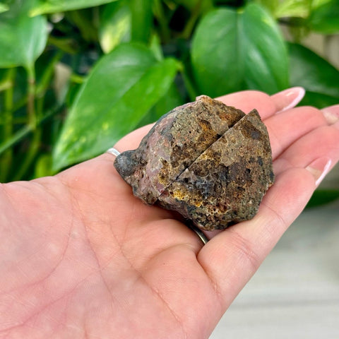 Rough brown and green agate geode pair held in a hand, showing natural texture.