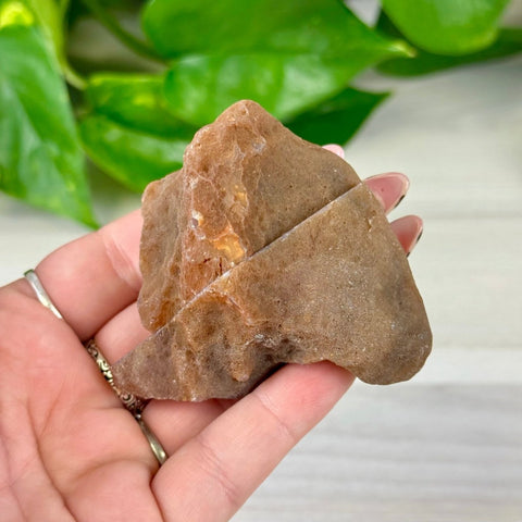 Rough brown agate pair held in a hand, showing natural texture and a fresh cut.
