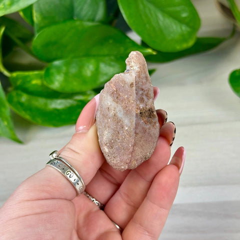 Rough pink and white agate pair held in hand, with green leaves in background.