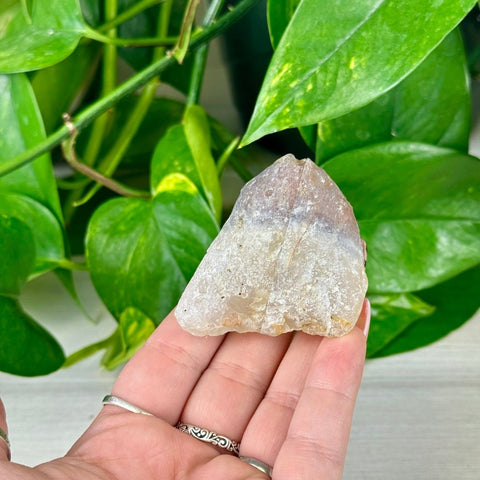 Rough, natural agate pair with white and light purple hues held in a hand against green leaves.