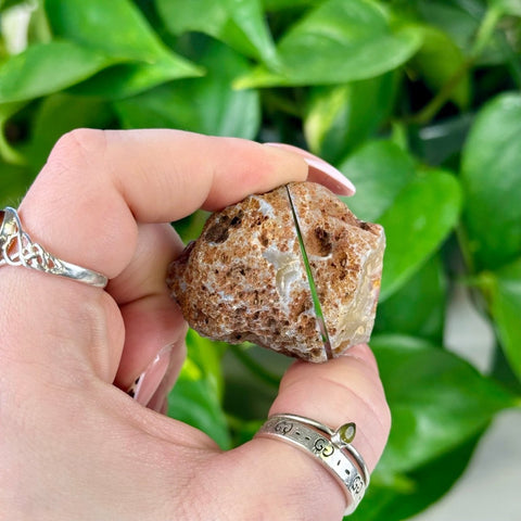 Rough brown agate geode pair, split to reveal a subtle white and grey interior.