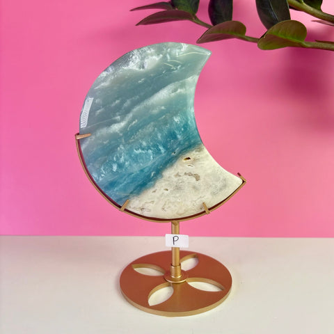 Sky Blue Quartz Moon On Stand