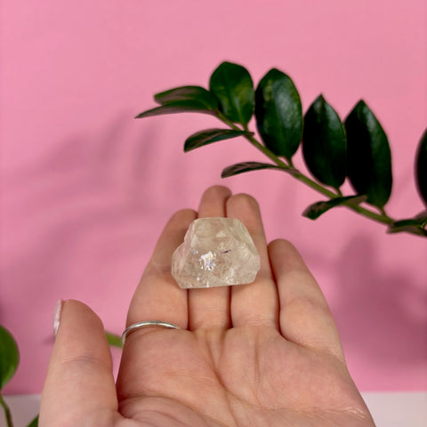 Raw champagne topaz crystal held in a hand against a pink background with green leaves.