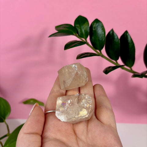 Two raw champagne topaz crystals with iridescent flashes held in a palm against a pink background.