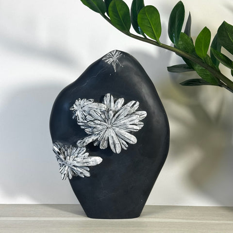 Black chrysanthemum stone free form with white floral patterns.