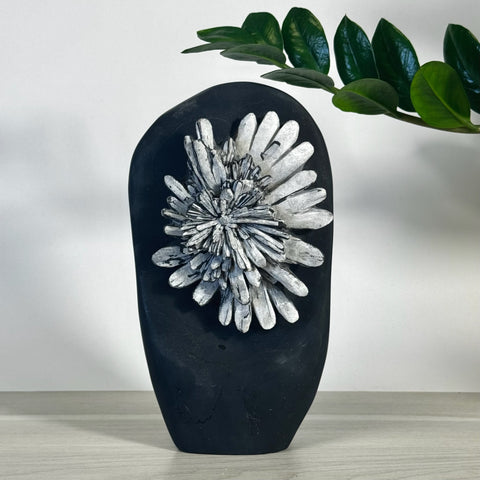 Black chrysanthemum stone free form with white crystal flower details.