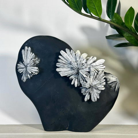 Black Chrysanthemum Stone free form with white crystal flower formations.