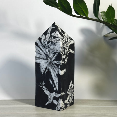 Black and white Chrysanthemum Stone Tower with unique floral patterns.