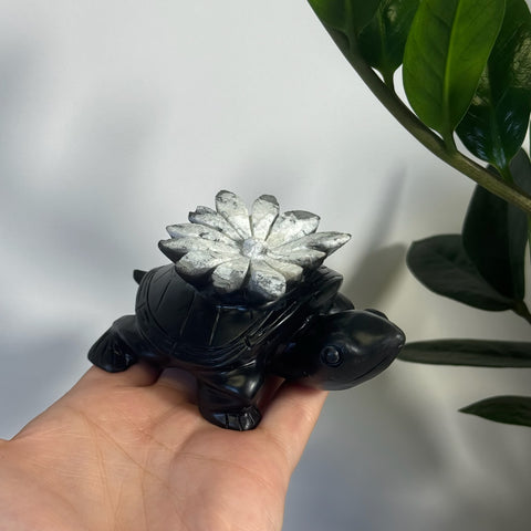 Black chrysanthemum stone turtle with a white flower on its back, held in a hand.