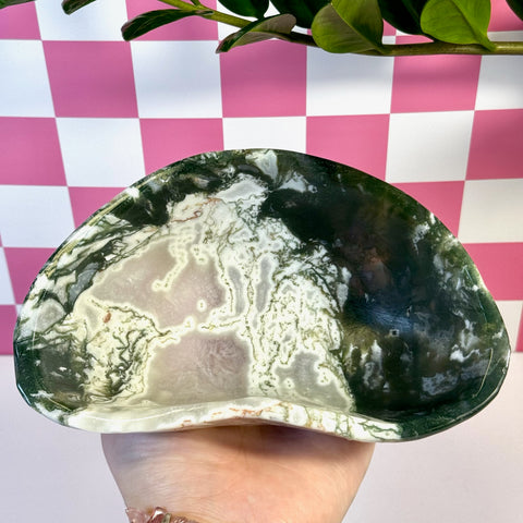 Curvy moss agate bowl with deep green, white, and light pink natural patterns.