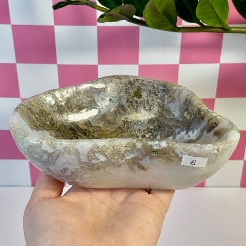 Curvy moss agate bowl, variant B, with natural white, brown, and green swirling patterns.