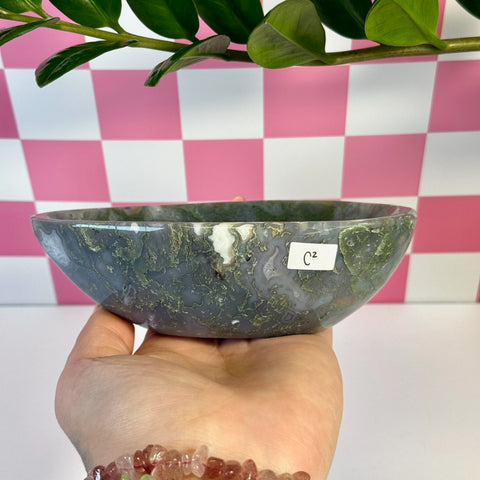 Curvy moss agate bowl, C2 variant, with natural green, white, and gray patterns.