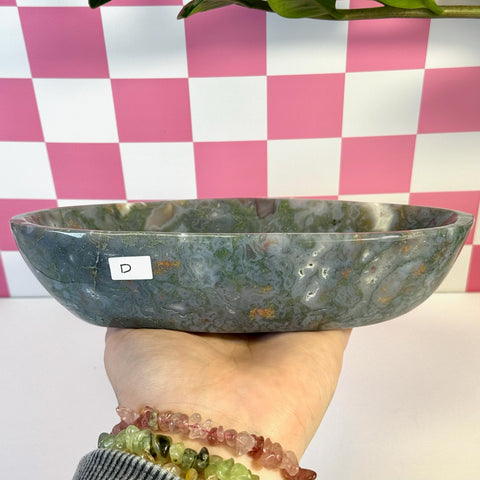 Curvy moss agate bowl, variant D, with natural green, white, and brown patterns.