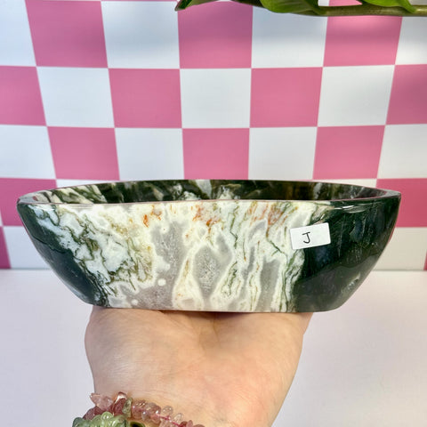 Curvy Moss Agate Bowl, variant J, with deep green, white, and rust-colored natural patterns.