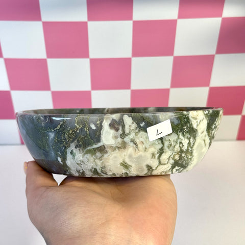 Curvy moss agate bowl, L size, with deep green, white, and earthy brown patterns.