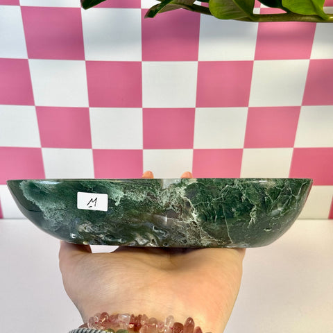 Curvy Moss Agate Bowl, variant M, with deep green and white swirling patterns.