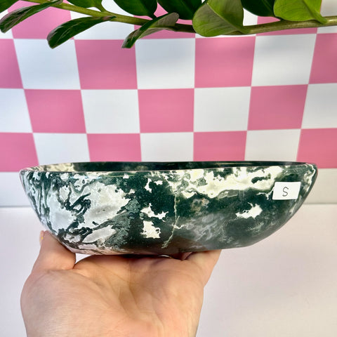 Small curvy moss agate bowl with deep green and white natural patterns.