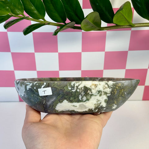 Curvy moss agate bowl, variant T, with green, white, and purple natural patterns.