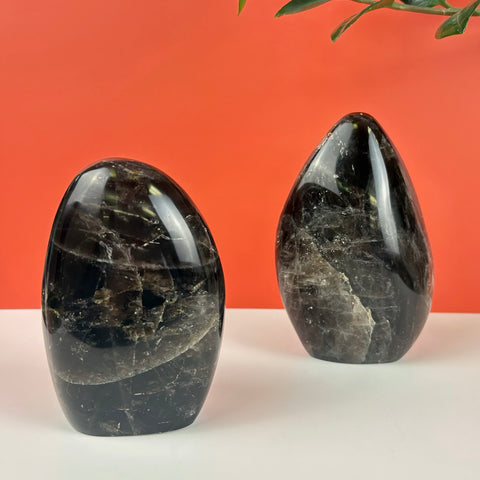 Two polished, dark smoky quartz free-form crystals with natural internal fractures against an orange background.