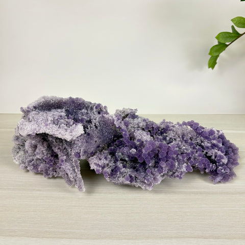 Large cluster of deep purple grape agate with sparkling, spherical botryoidal formations on a light wooden surface.
