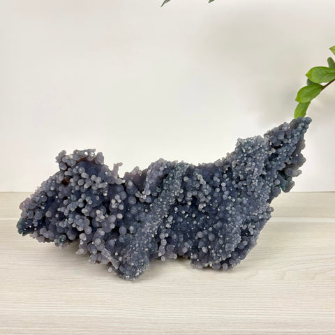Large, deep purple grape agate crystal cluster with botryoidal, spherical formations on a light wood surface.