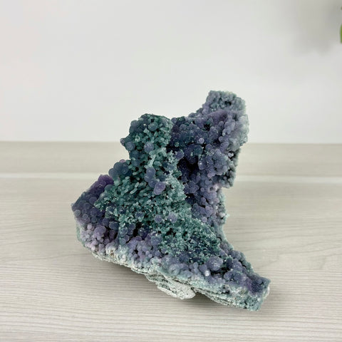Grape agate cluster featuring vibrant purple and teal botryoidal crystal formations on a natural mineral base.