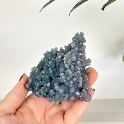 Handheld cluster of grape agate featuring deep purple, botryoidal crystal formations with a translucent, bubbly texture.