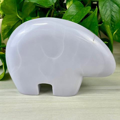 Smooth, polished lavender fluorite bear carving with subtle white marbling, against green leaves.