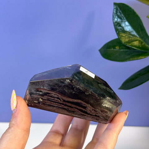 Dark garden quartz free form crystal with reddish-brown inclusions, held by a hand.