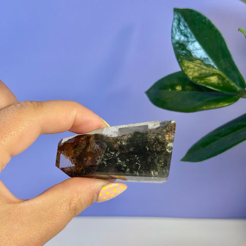 Garden Quartz Free Form with dark green and brown inclusions, held by a hand.