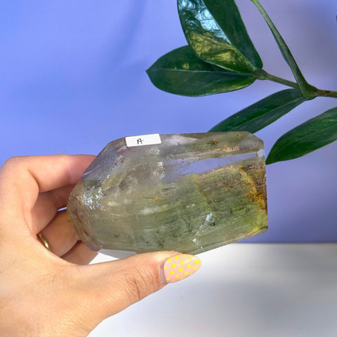 Hand holding a clear Garden Quartz free form with green and brown inclusions.