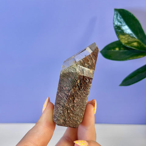 Garden Quartz free form with clear top and earthy brown, green, and red inclusions, held by a hand.