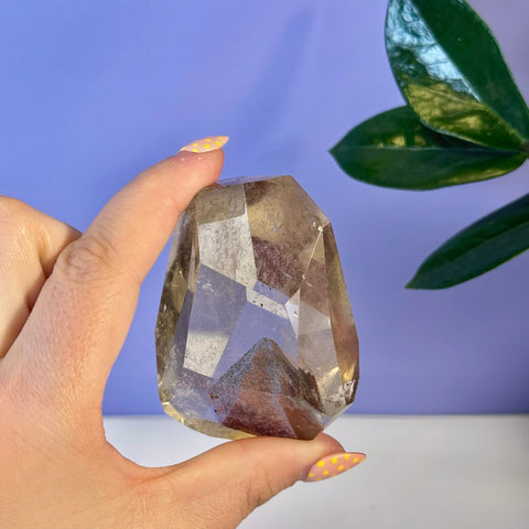 Hand holding a faceted, clear Garden Quartz free form with earthy inclusions.