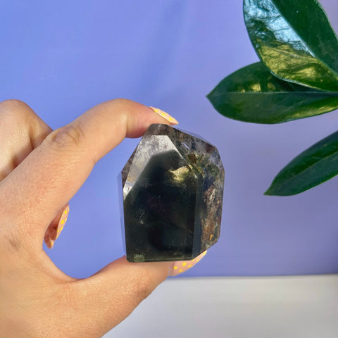 Hand holding a dark, translucent garden quartz free form with green and brown inclusions.