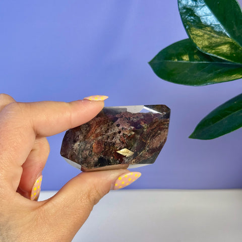 Hand holding a sparkling Garden Quartz free form with red, brown, and green inclusions.