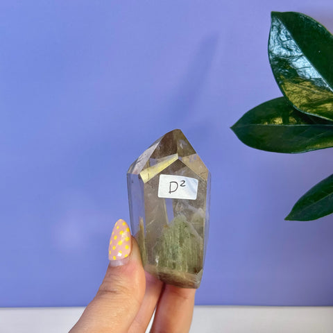 Garden Quartz free form crystal, D2 variant, with green inclusions and a clear point.
