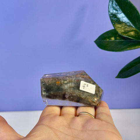 Garden Quartz Free Form F2, a clear crystal with dark green and reddish-brown inclusions, held in a hand.