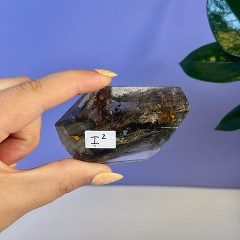 Garden Quartz Free Form (I2) with dark inclusions and golden flashes, held by manicured fingers.