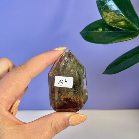 Hand holding a clear garden quartz free form crystal with green and brown inclusions, labeled M2.