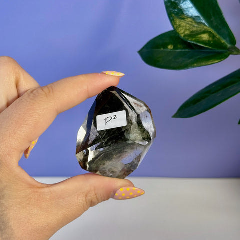 Hand holding a clear Garden Quartz Free Form crystal with dark green inclusions and "P2" label.