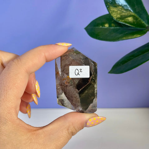 Hand holding a clear Garden Quartz Free Form with dark green and reddish inclusions.