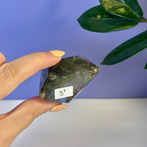 Hand holding a dark green and clear Garden Quartz Free Form crystal, labeled S2.